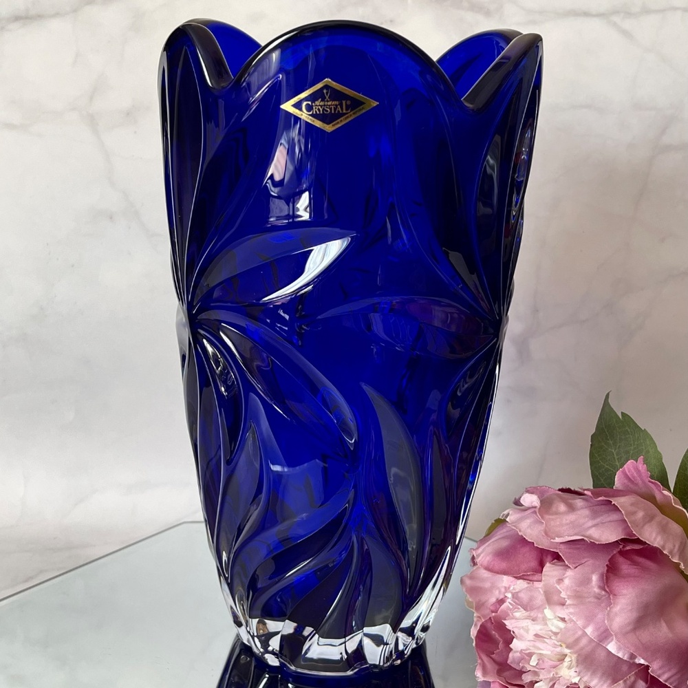 Bohemian Vase 11 ", Deep Blue Bud Vase, Czech Crystal Flower Vase, Home Decor